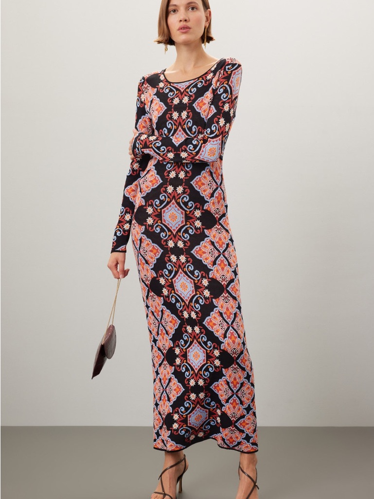 Cara Cara Black And Coral Long-Sleeve Maxi Dress With Geometric Print